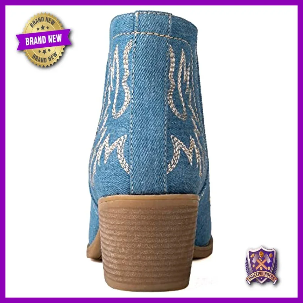 Western Cowgirl Ankle Boots Pull On Vegan Leather Low Heel Comfortable Chic